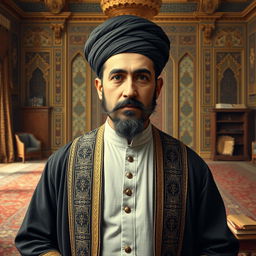 A historical portrait of Amir Kabir, the prominent Iranian statesman and reformer, depicted in 19th century clothing