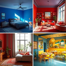 A series of three interior spaces showcasing the psychological impact of color: a tranquil bedroom with soothing blue tones, a vibrant living room filled with energetic red accents, and a cheerful restaurant adorned with bright yellow and green decor