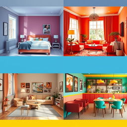 A series of three interior spaces showcasing the psychological impact of color: a tranquil bedroom with soothing blue tones, a vibrant living room filled with energetic red accents, and a cheerful restaurant adorned with bright yellow and green decor
