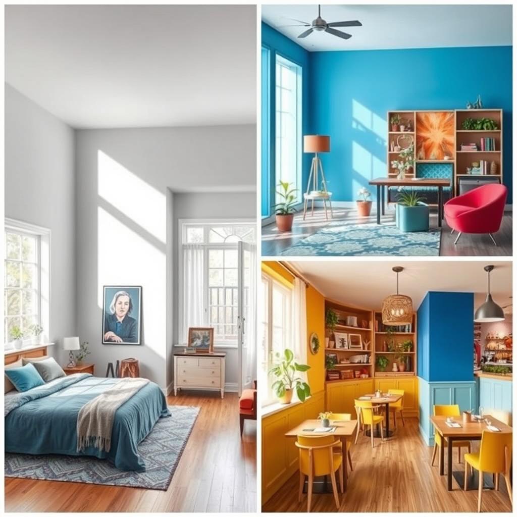 A series of three interior spaces showcasing the psychological impact of color: a tranquil bedroom with soothing blue tones, a vibrant living room filled with energetic red accents, and a cheerful restaurant adorned with bright yellow and green decor