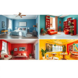 A series of three interior spaces showcasing the psychological impact of color: a tranquil bedroom with soothing blue tones, a vibrant living room filled with energetic red accents, and a cheerful restaurant adorned with bright yellow and green decor