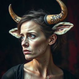 A woman with horns and ears of a cow on her head, looking to the left with a sad and slightly scared expression on her face