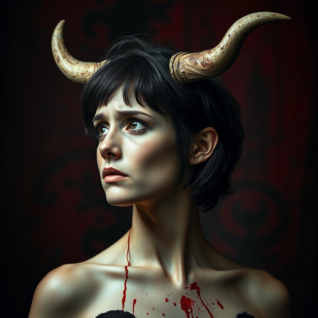 A woman with horns and ears of a cow on her head, looking to the left with a sad and slightly scared expression on her face