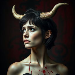 A woman with horns and ears of a cow on her head, looking to the left with a sad and slightly scared expression on her face