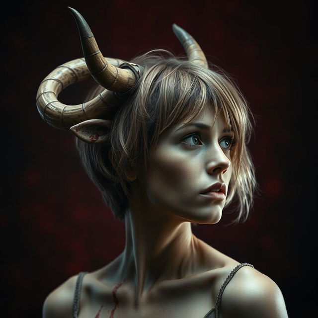 A woman with horns and ears of a cow on her head, looking to the left with a sad and slightly scared expression on her face