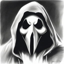 A high-quality pencil sketch in black and white, displaying the haunting visage of Ghostface, the infamous villain from the 1996 movie 'Scream'