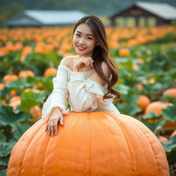 A beautiful Korean woman posing elegantly and attractively, sitting on a large pumpkin, facing the camera with a soft and cute smile