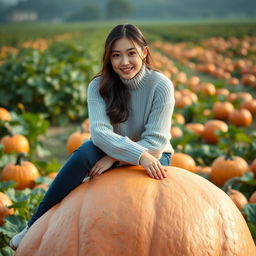 A beautiful Korean woman posing elegantly and attractively, sitting on a large pumpkin, facing the camera with a soft and cute smile