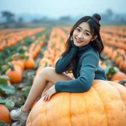 A beautiful Korean woman posing elegantly and attractively, sitting on a large pumpkin, facing the camera with a soft and cute smile