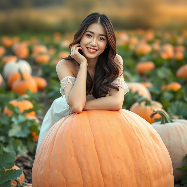 A beautiful Korean woman posing elegantly and attractively, sitting on a large pumpkin, facing the camera with a soft and cute smile