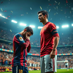 In a grand stadium filled with roaring fans, Lionel Messi humbly bows to Cristiano Ronaldo in a moment of respect and camaraderie