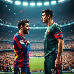 In a grand stadium filled with roaring fans, Lionel Messi humbly bows to Cristiano Ronaldo in a moment of respect and camaraderie