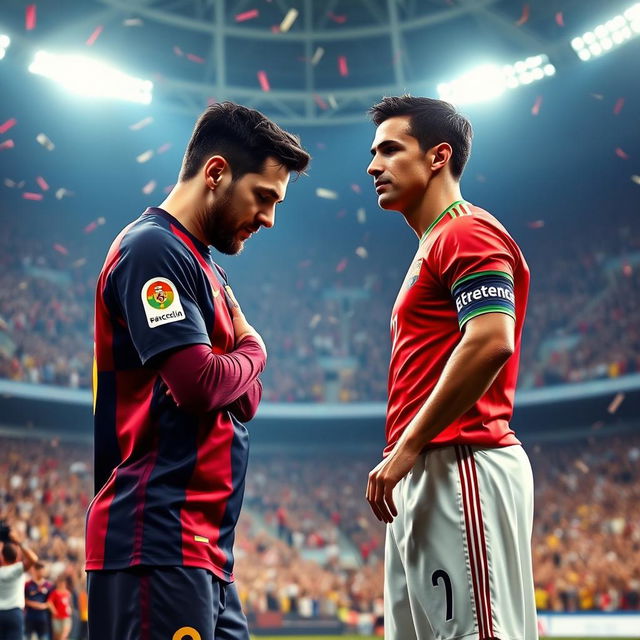 In a grand stadium filled with roaring fans, Lionel Messi humbly bows to Cristiano Ronaldo in a moment of respect and camaraderie