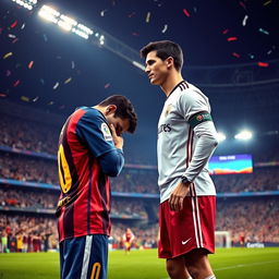 In a grand stadium filled with roaring fans, Lionel Messi humbly bows to Cristiano Ronaldo in a moment of respect and camaraderie