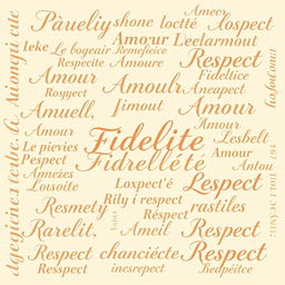 An elegant and warm background design featuring an intricate pattern of words representing traditional values like 'Amour', 'Fidélité', and 'Respect'