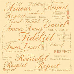 An elegant and warm background design featuring an intricate pattern of words representing traditional values like 'Amour', 'Fidélité', and 'Respect'