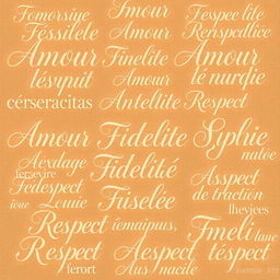 An elegant and warm background design featuring an intricate pattern of words representing traditional values like 'Amour', 'Fidélité', and 'Respect'