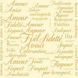 An elegant and warm background design featuring an intricate pattern of words representing traditional values like 'Amour', 'Fidélité', and 'Respect'