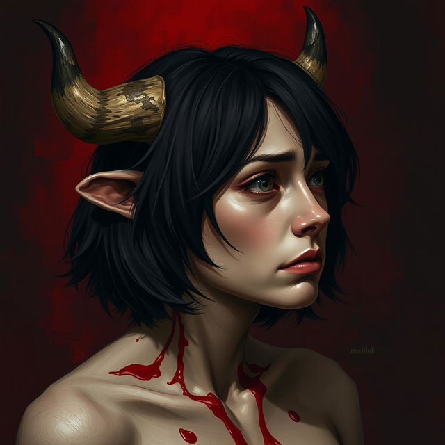 A woman with cow horns and ears on her head, looking to the left with a sad and slightly scared expression