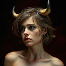 A woman with cow horns and ears on her head, looking to the left with a sad and slightly scared expression