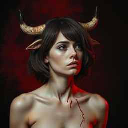 A woman with cow horns and ears on her head, looking to the left with a sad and slightly scared expression