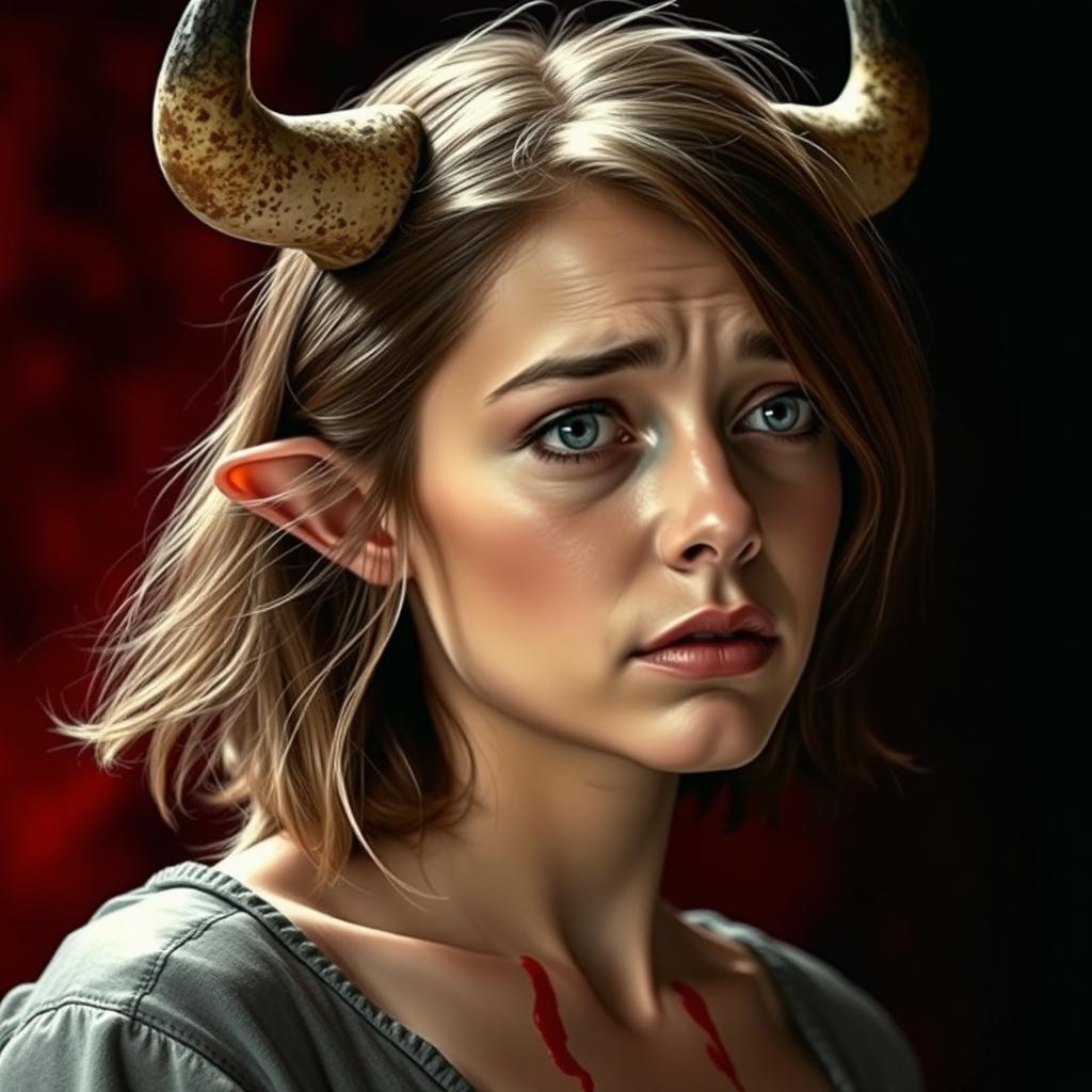 A woman with cow horns and ears on her head, looking to the left with a sad and slightly scared expression