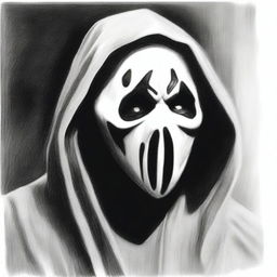 A high-quality pencil sketch in black and white, displaying the haunting visage of Ghostface, the infamous villain from the 1996 movie 'Scream'