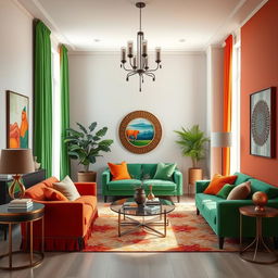 A beautifully designed interior room showcasing complementary colors, specifically red and green, as well as blue and orange