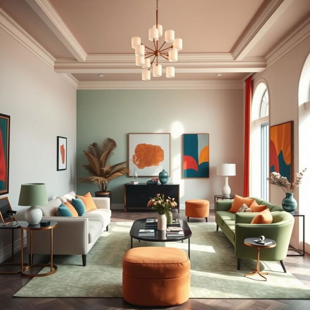 A beautifully designed interior room showcasing complementary colors, specifically red and green, as well as blue and orange