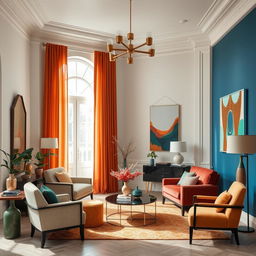 A beautifully designed interior room showcasing complementary colors, specifically red and green, as well as blue and orange