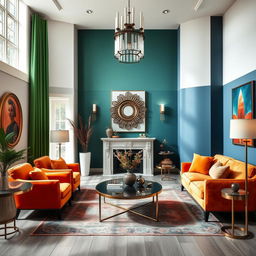 A beautifully designed interior room showcasing complementary colors, specifically red and green, as well as blue and orange