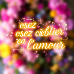 A beautiful and artistic representation of the phrase "osez croire en l'amour" (dare to believe in love), integrated into a vibrant and colorful background