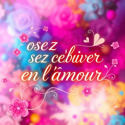 A beautiful and artistic representation of the phrase "osez croire en l'amour" (dare to believe in love), integrated into a vibrant and colorful background