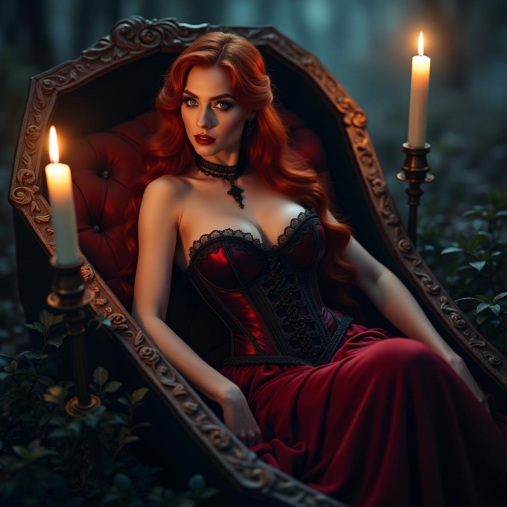 A striking design of a female vampire character for a gothic novel cover, featuring a stunning redhead with long, flowing hair and massive breasts