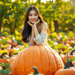 A beautiful Korean woman elegantly and attractively posing while sitting atop a large pumpkin, facing the camera with a soft and cute smile