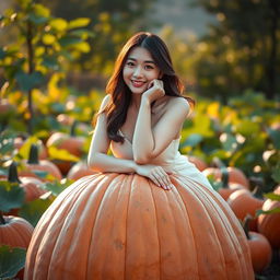 A beautiful Korean woman elegantly and attractively posing while sitting atop a large pumpkin, facing the camera with a soft and cute smile