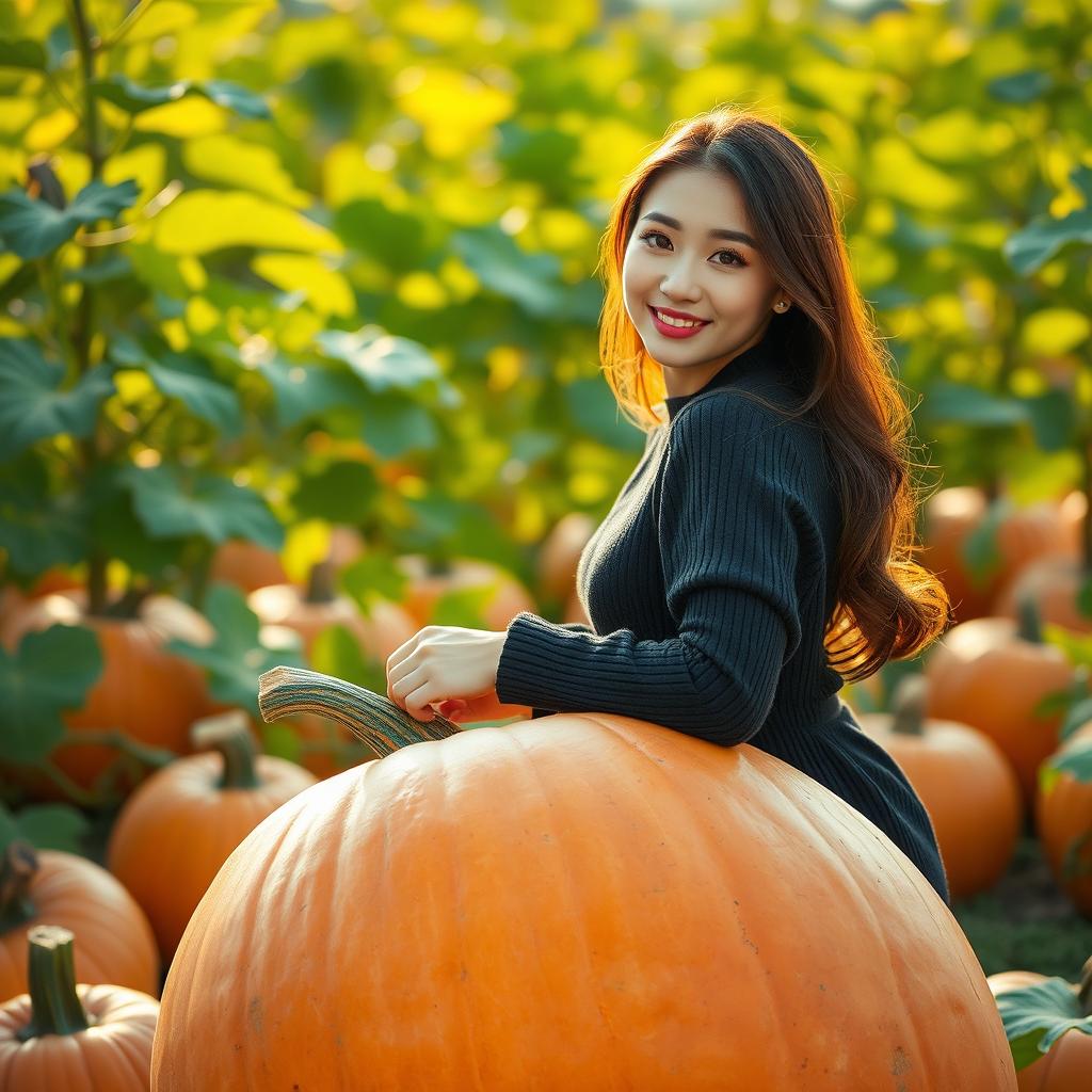 A beautiful Korean woman elegantly and attractively posing while sitting atop a large pumpkin, facing the camera with a soft and cute smile