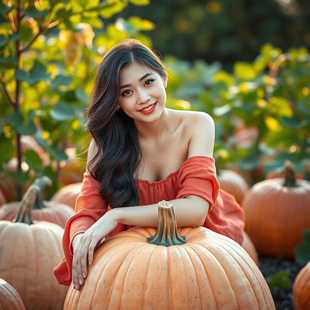 A beautiful Korean woman elegantly and attractively posing while sitting atop a large pumpkin, facing the camera with a soft and cute smile