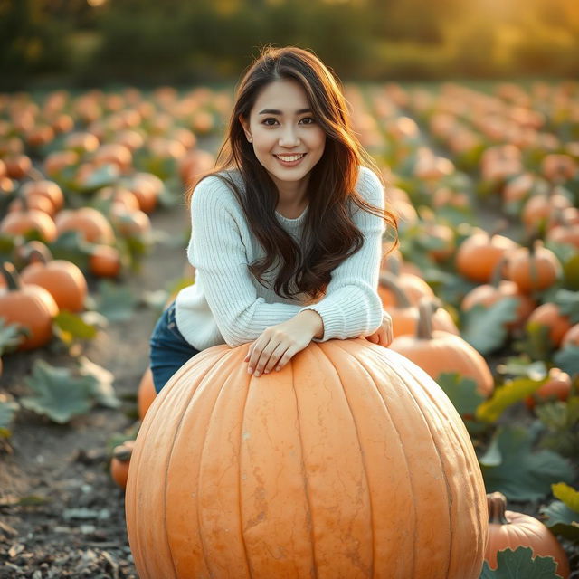 A beautiful Korean woman gracefully posing and charmingly sitting on a large pumpkin, facing the camera with a soft and cute smile