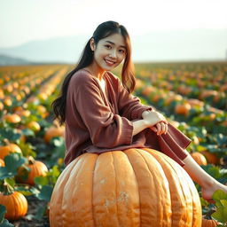 A beautiful Korean woman gracefully posing and charmingly sitting on a large pumpkin, facing the camera with a soft and cute smile