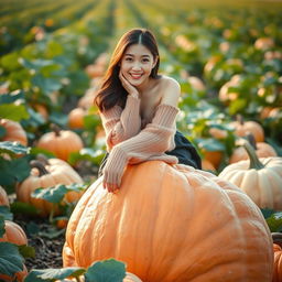 A beautiful Korean woman gracefully posing and charmingly sitting on a large pumpkin, facing the camera with a soft and cute smile