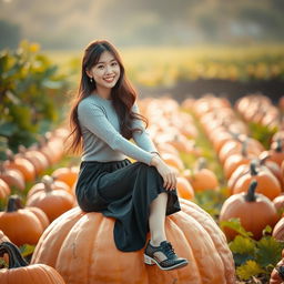 A beautiful Korean woman gracefully posing and charmingly sitting on a large pumpkin, facing the camera with a soft and cute smile