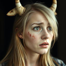 A 25-year-old woman with almost long blond hair, looking to the left