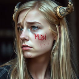A 25-year-old woman with almost long blond hair, looking to the left