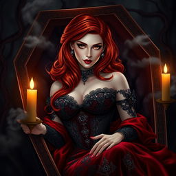 A captivating design of a female vampire character for a gothic novel cover, featuring a stunning redhead with luxurious, cascading hair and prominent breasts