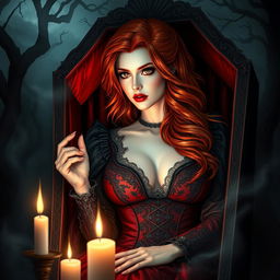 A captivating design of a female vampire character for a gothic novel cover, featuring a stunning redhead with luxurious, cascading hair and prominent breasts