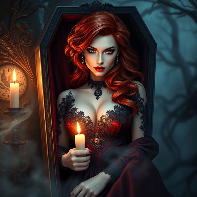 A captivating design of a female vampire character for a gothic novel cover, featuring a stunning redhead with luxurious, cascading hair and prominent breasts