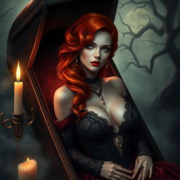 A captivating design of a female vampire character for a gothic novel cover, featuring a stunning redhead with luxurious, cascading hair and prominent breasts