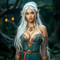 A stunningly beautiful woman with striking features embodying an elf, characterized by exceptionally large breasts and mesmerizing golden eyes