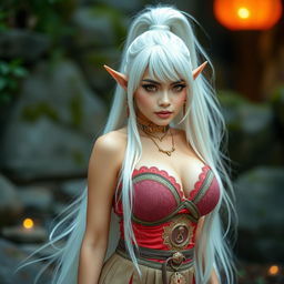 A stunningly beautiful woman with striking features embodying an elf, characterized by exceptionally large breasts and mesmerizing golden eyes